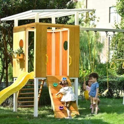 Modern Backyard Outdoor playhouse and Swing Set