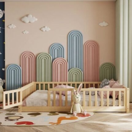 Kids Floor Platforms Bed With Fence and Door