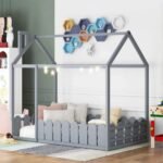 Wood Bed House Bed Frame With Fence For Kids