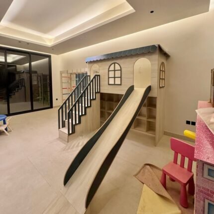 Indoor Wooden Playhouse with Double Slide & Safety Stairs for Kids